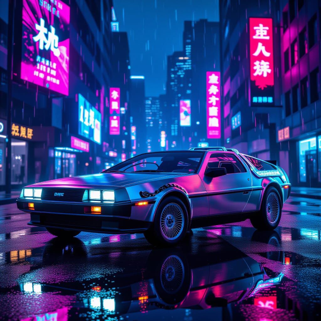 Cyberpunk De Lorean on Neon City Street