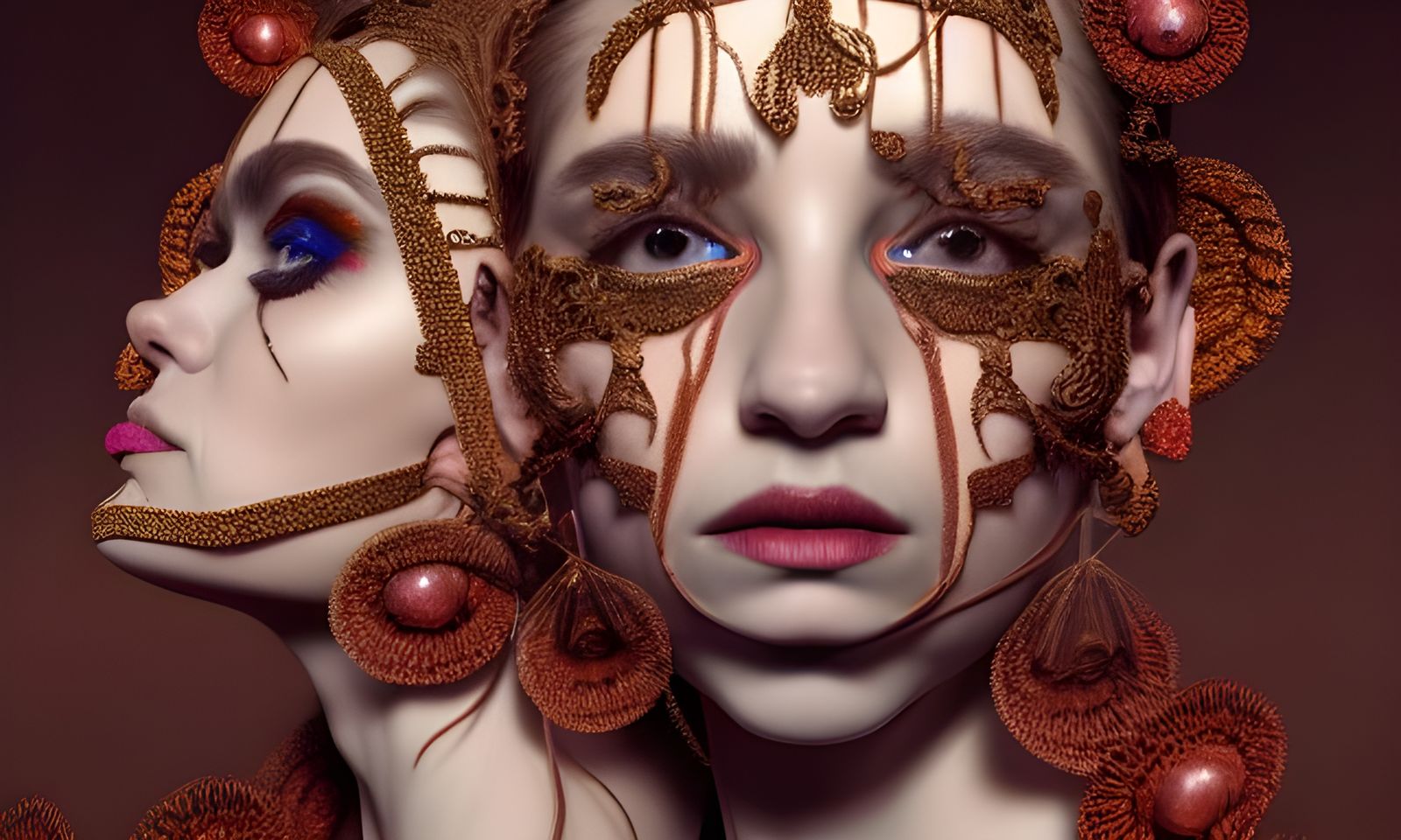 Elaborate Mimes Conjoined in Vibrant Photorealistic Costumes