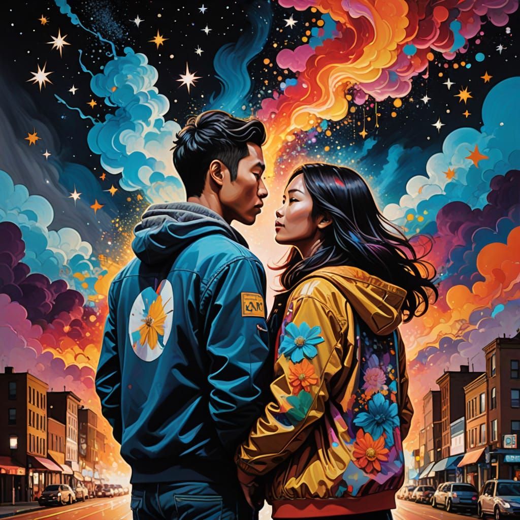 Amidst Vibrant Cityscapes, an Asian Couple Embraces in Love