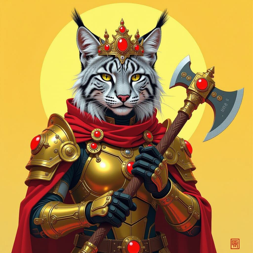 Cybernetic Lynx Creature with Golden Crown and Coral Eyes