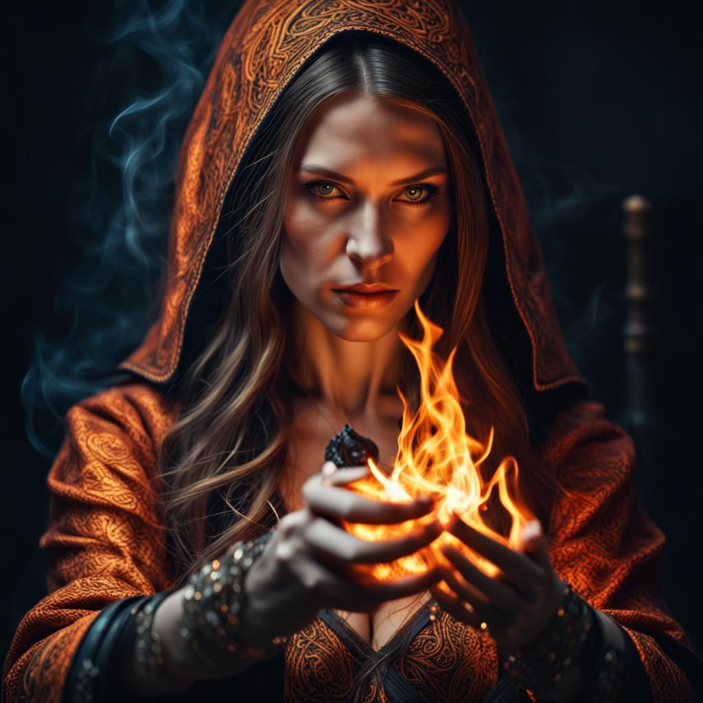 Sorceress Conjuring Fire With Intricate Details