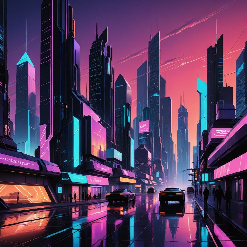 Neon Cityscape at Dawn in Digital Art Style