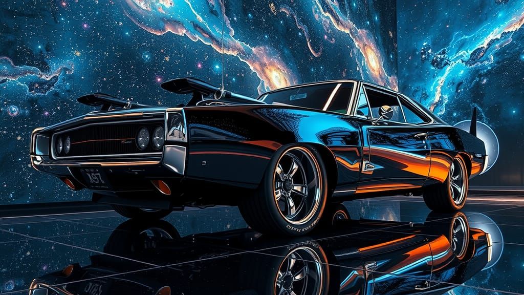 Chrome Cyberpunk Charger Reflecting Cosmos at Night