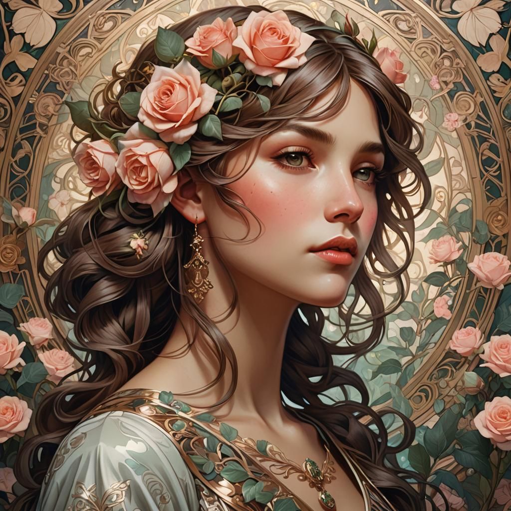 Art Nouveau Portrait: Woman with Rose in Hair