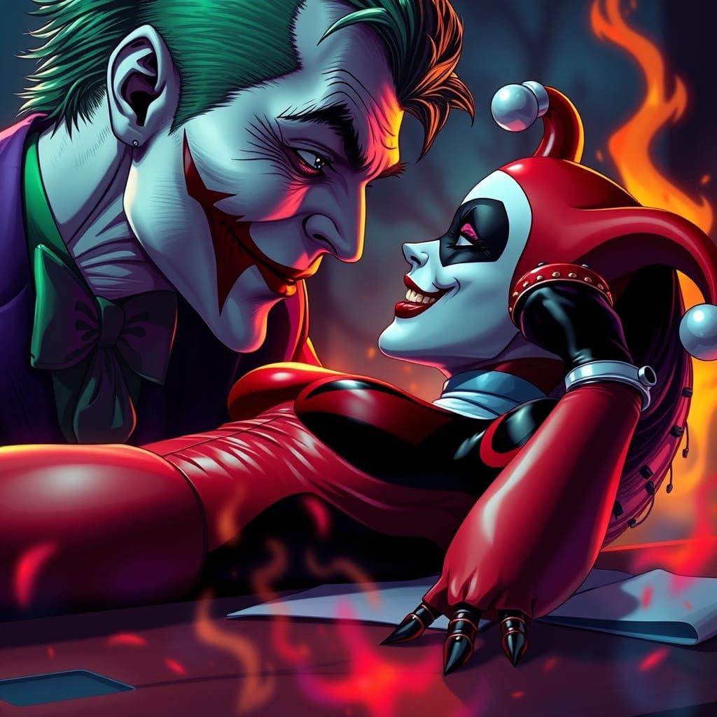 Joker and Harley Quinn Kiss in Comic Book Style