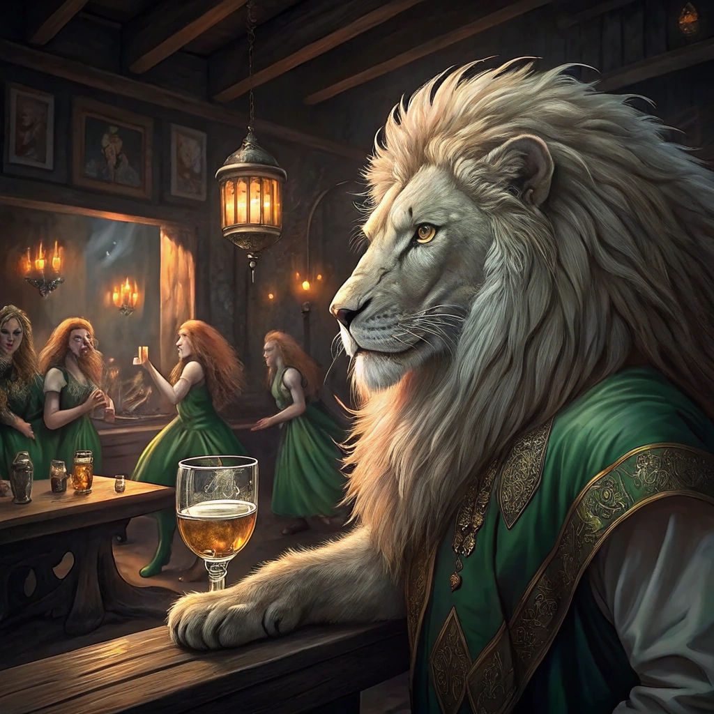 White Lion Enjoying Whiskey in Irish Pub