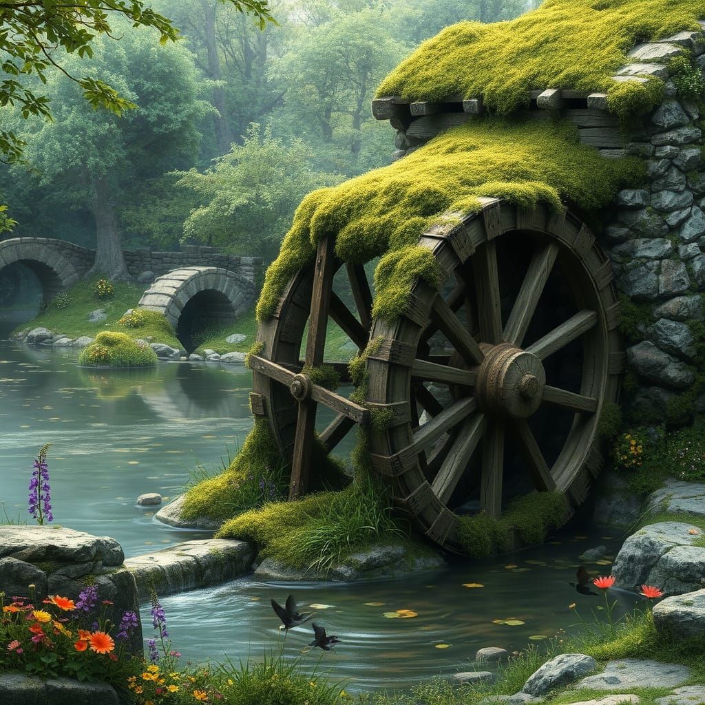 Whimsical Water Wheel in Enchanted Fantasy Realm