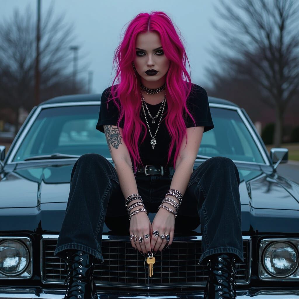Gothic Woman with Pink Hair on Hearse