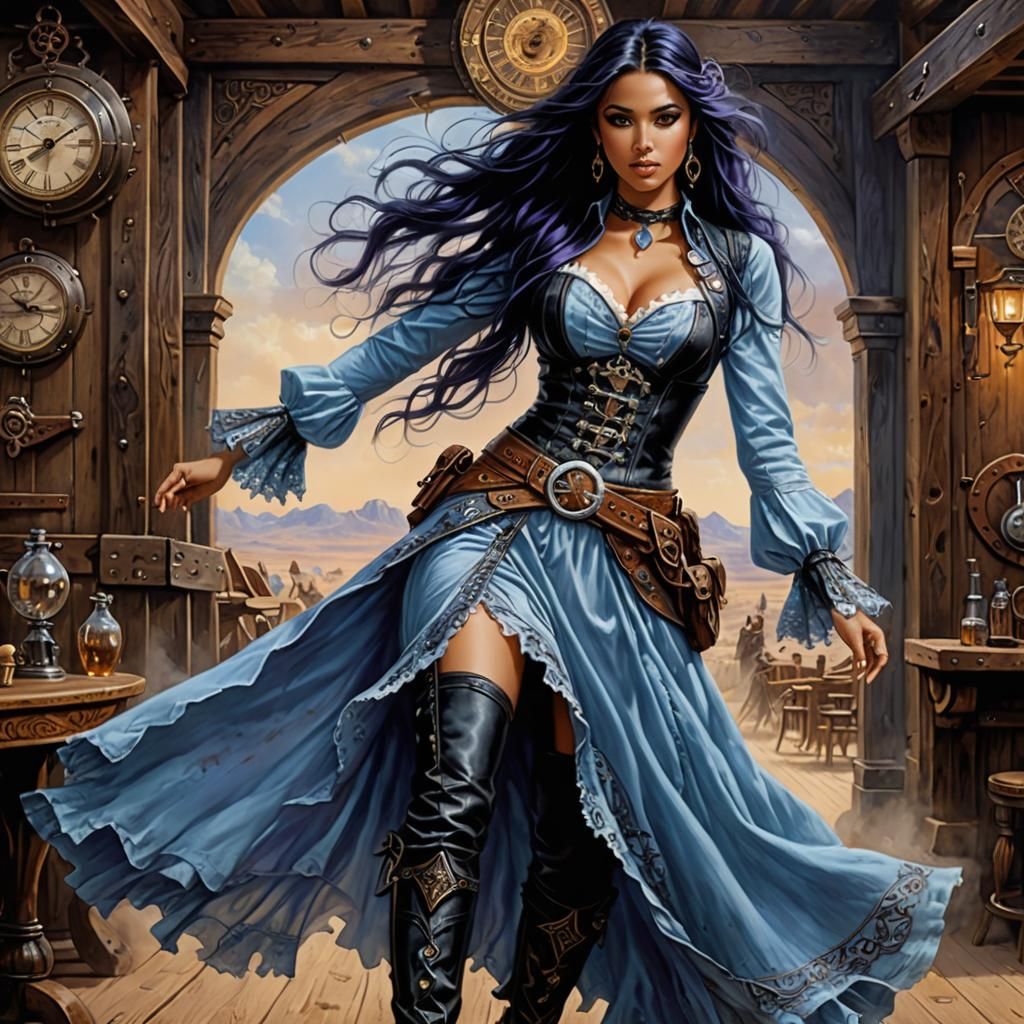 Steampunk Cowgirl Dancing in Saloon, Royo Style