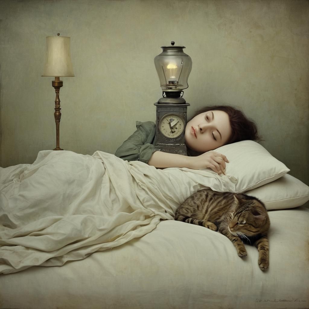 Woman Sleeping with Cat in Surrealist Style