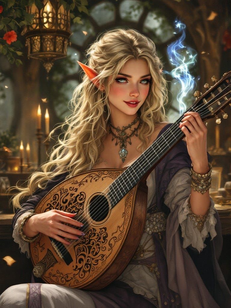 Elven Bard Plays Lute in Whimsical Tavern Scene