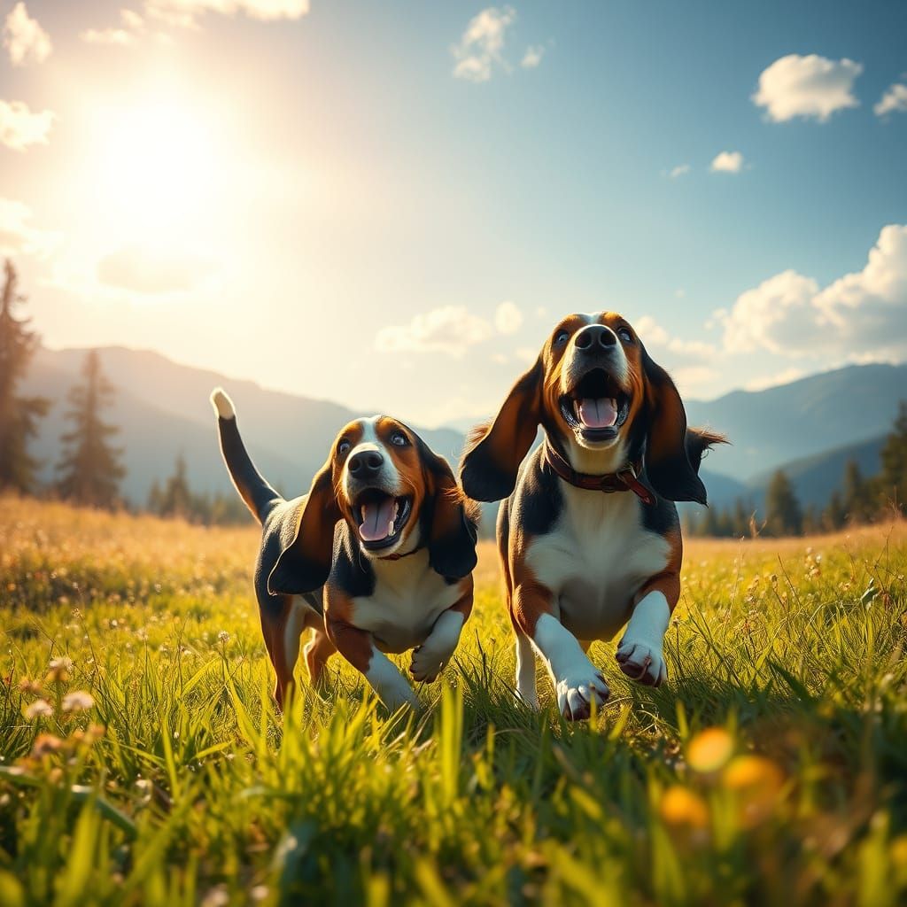 Basset Hounds Play in Sunlit Meadow, Cinematic Digital Paint...