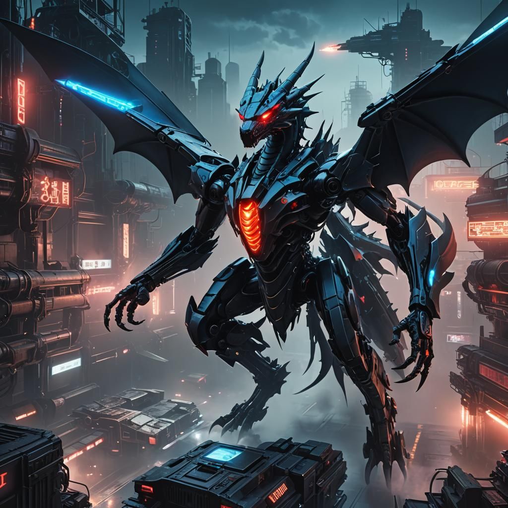 Cyberpunk Robotic Dragon with Jet Wings in Industrial Scene
