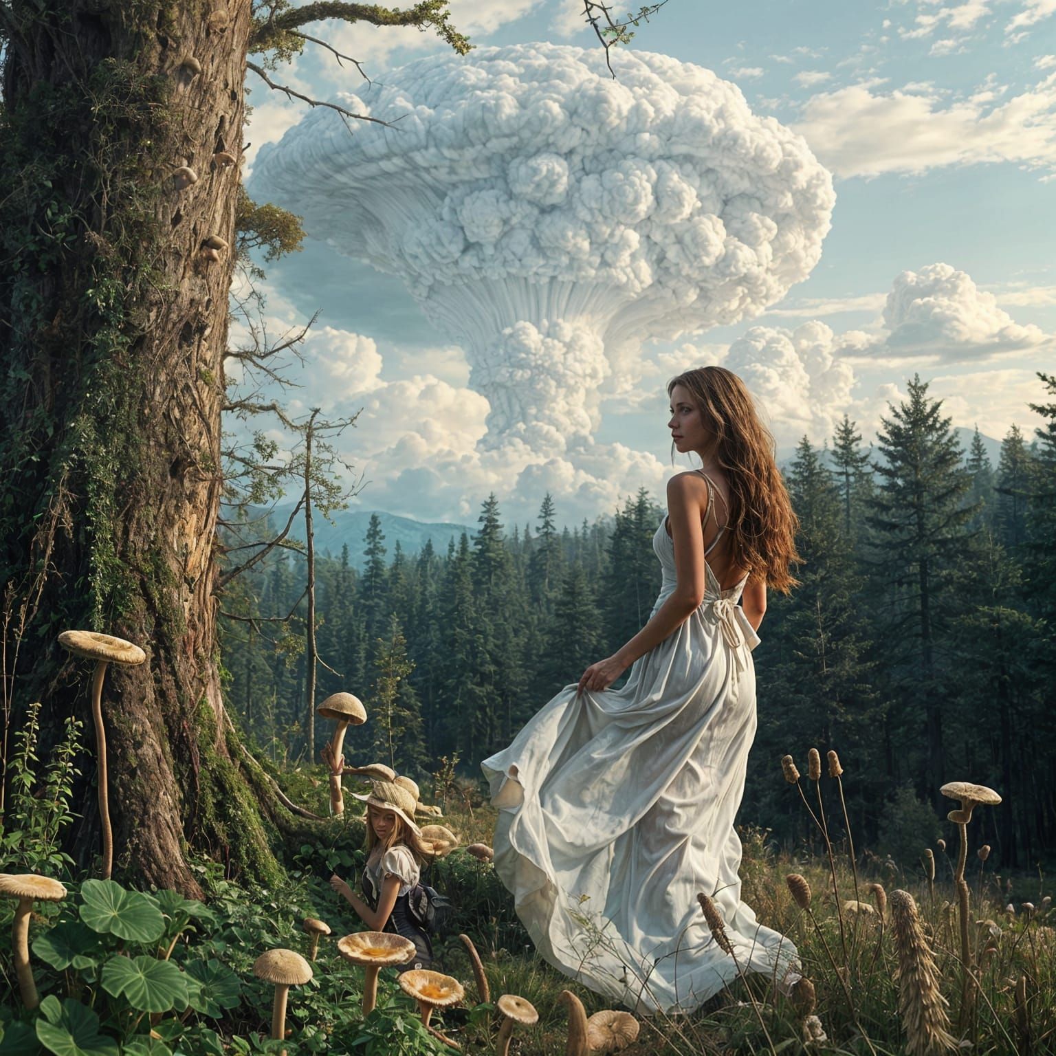 Surreal Juxtaposition: Mushroom Picking Amidst Nuclear Cloud