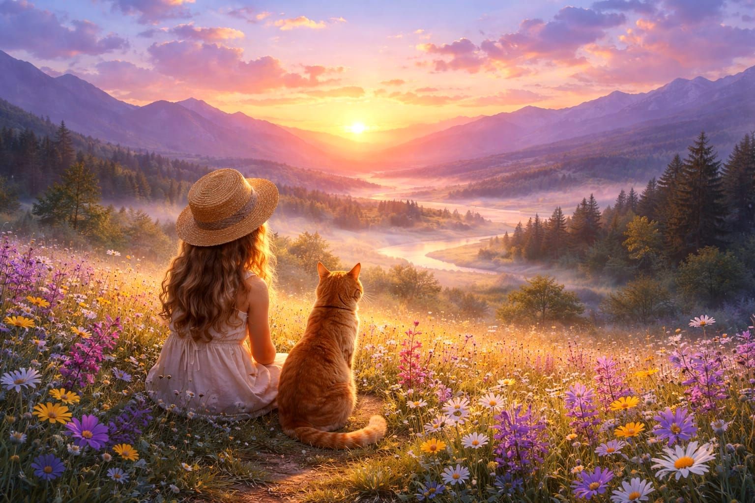 Peaceful Sunrise Over Wildflower Field with Girl and Cat