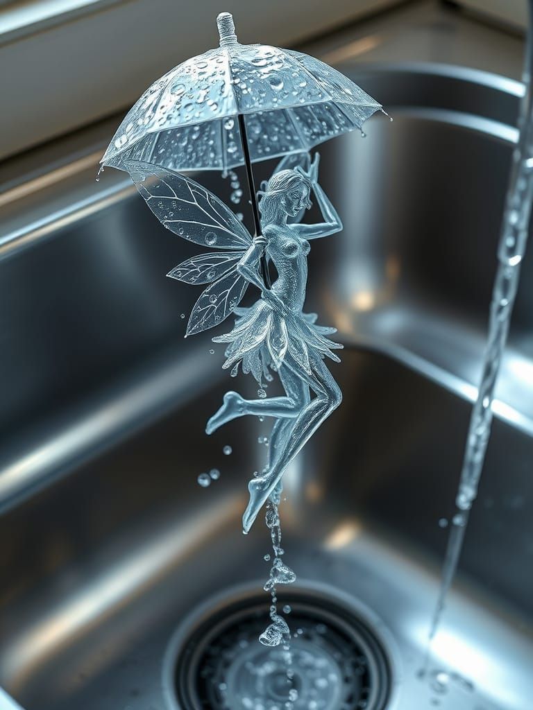 Water Fairy Emerges from Metallic Sink in Ethereal Hyperreal...