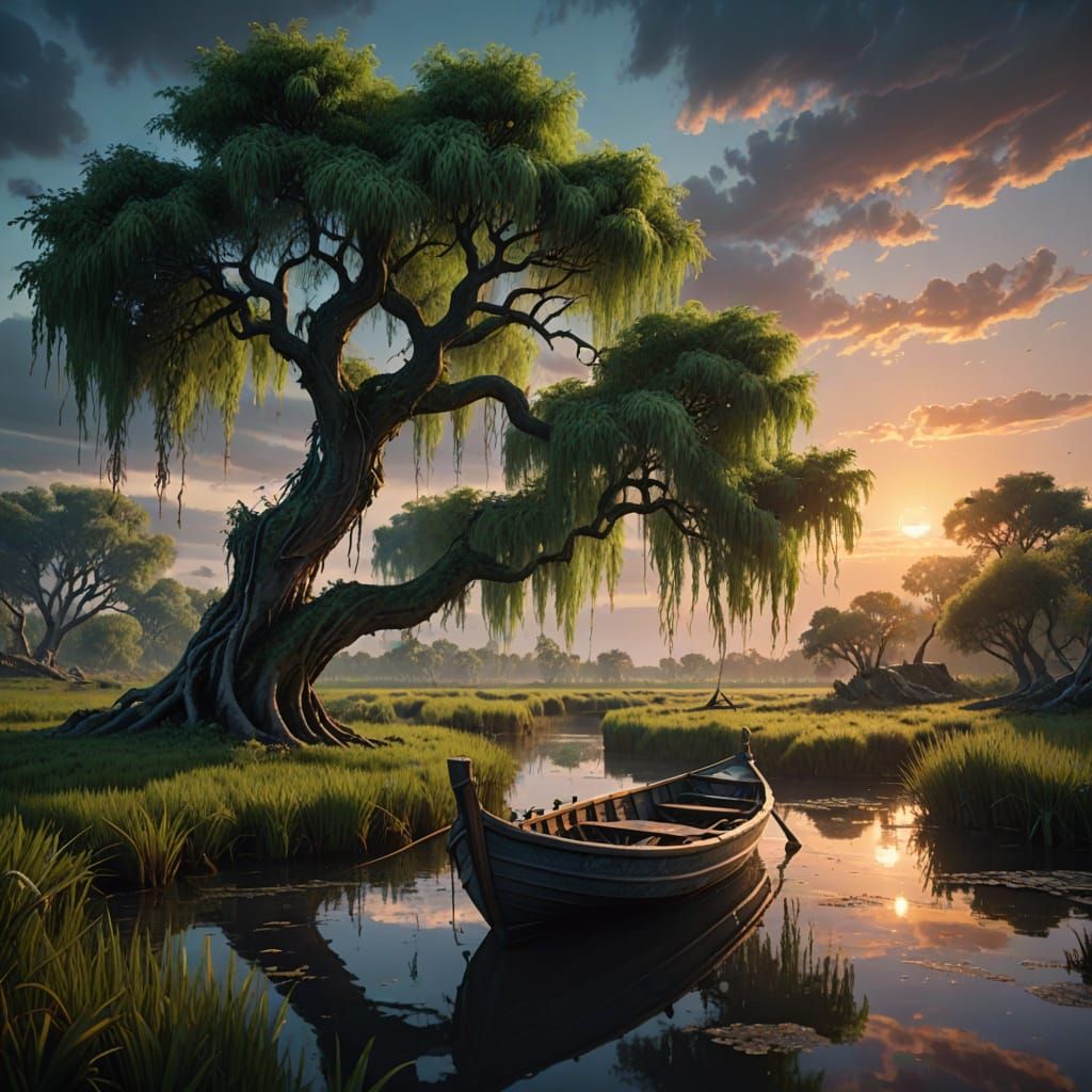 Surreal Sunset Scene in the Everglades with Vibrant Willow a...