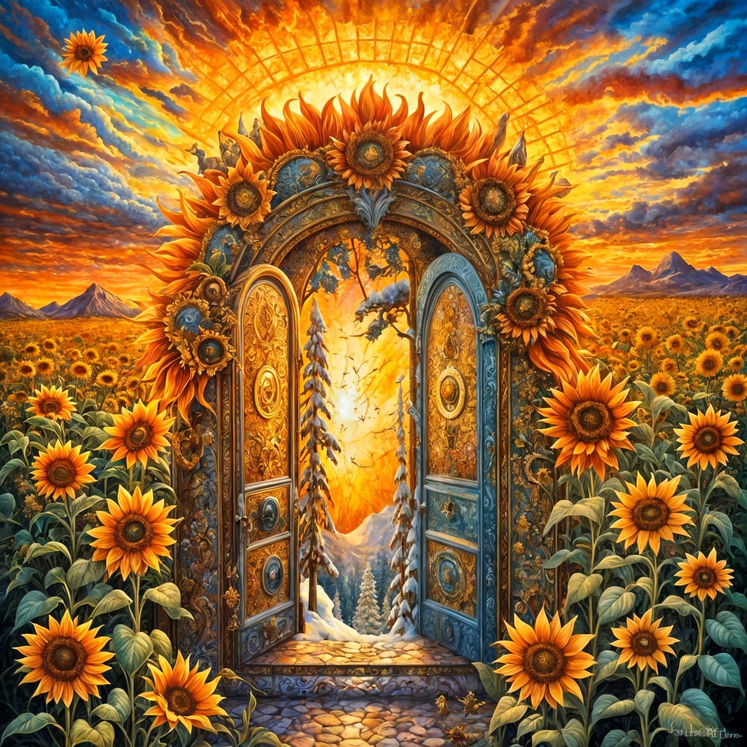 Whimsical Winter Pines: Maximalist Oil Painting