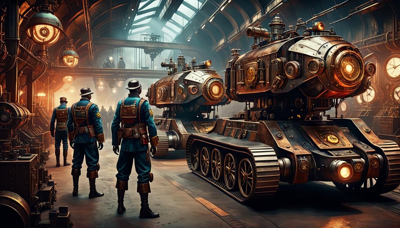 Cyborg Soldiers in Steampunk Military Workshop