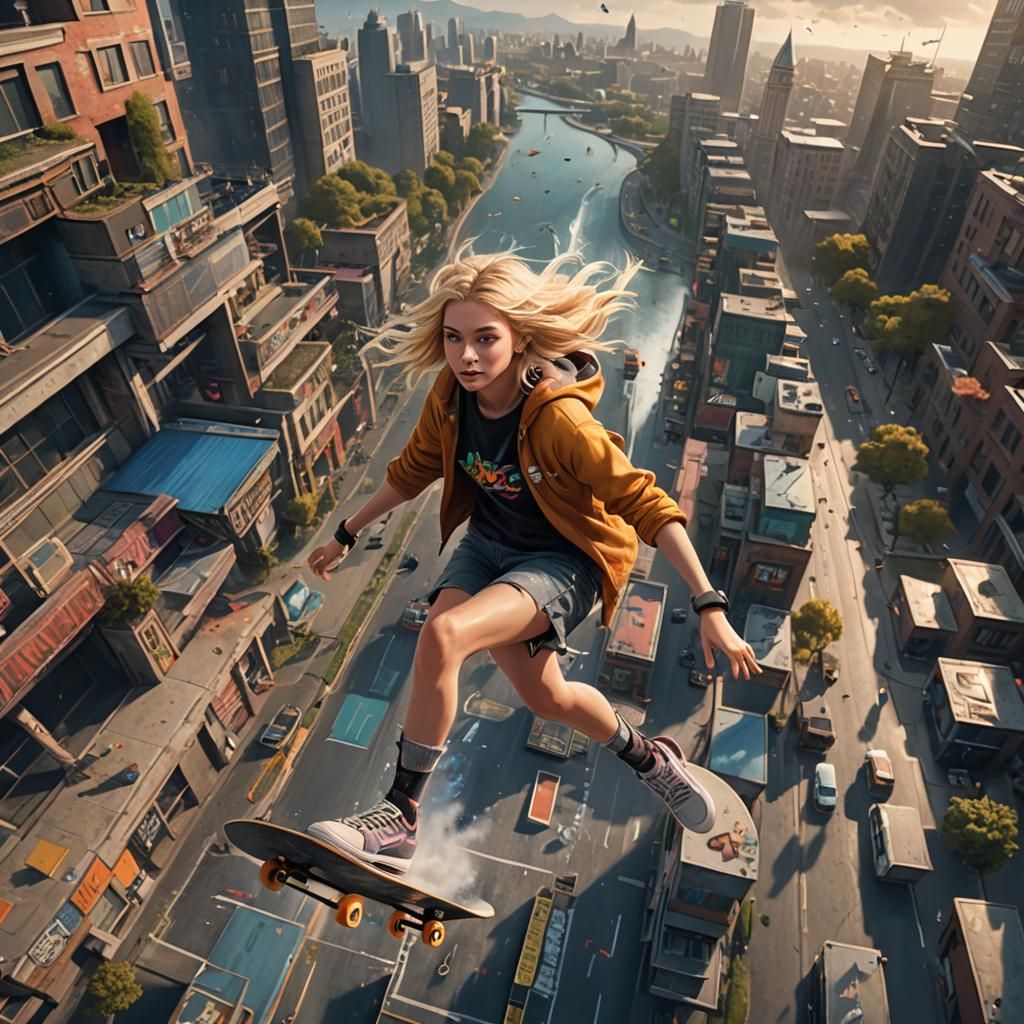 Girl on Skateboard in Air: Fantasy Concept Art