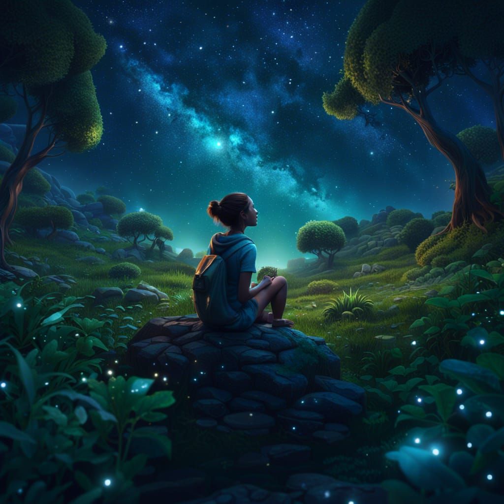 Girl Gazing at Starry Night Sky