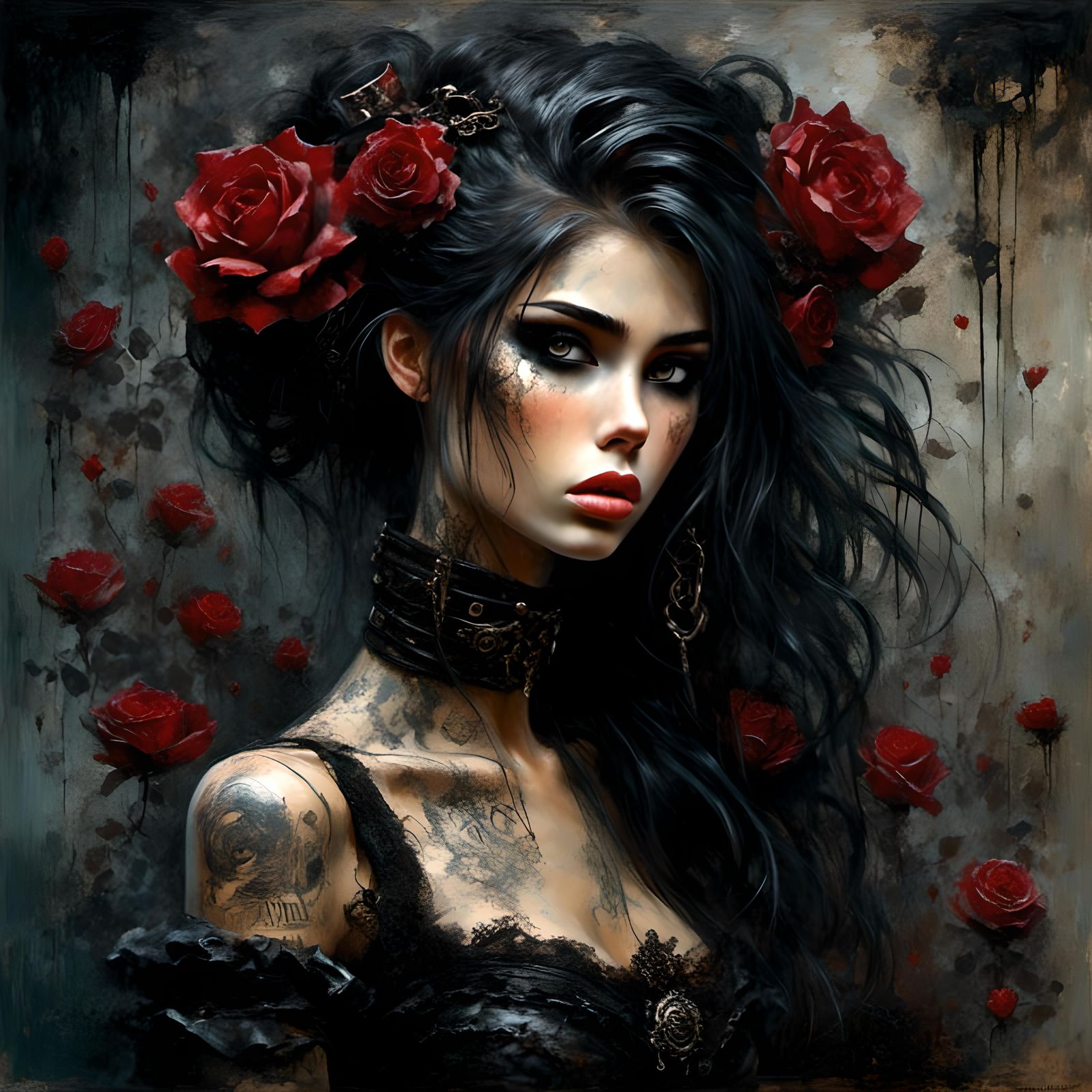 Macabre Portrait of a Tattooed Girl with Roses