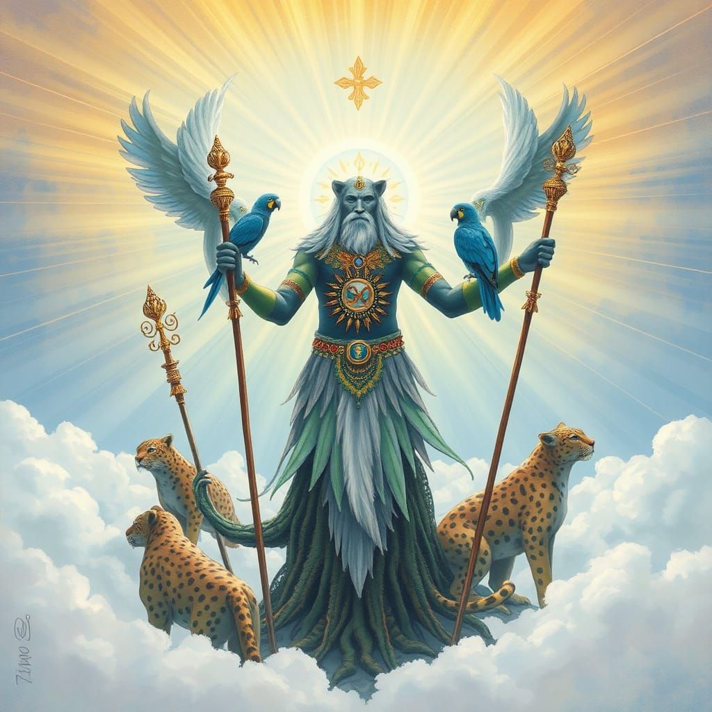 Leopard Shaman with Parrot in Dreamlike Landscape