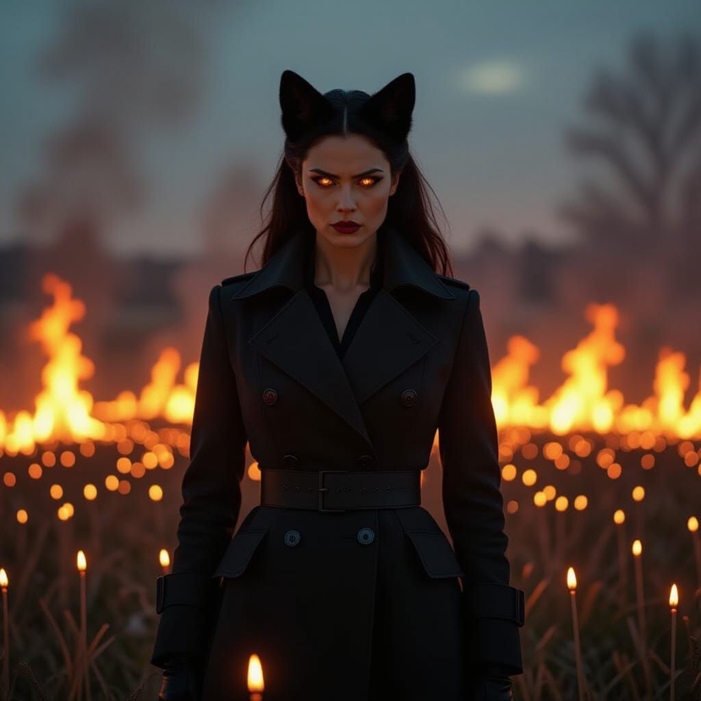 Stern Woman Amidst Burning Matches: Cinematic Still