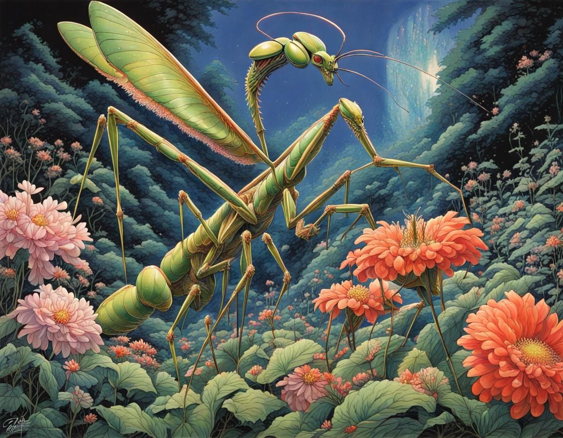 Giant Mantis Attacks Flower Garden, Ohrai Style