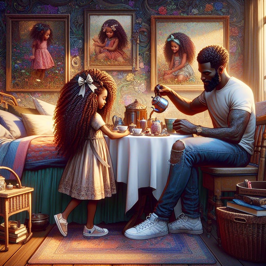 Father and Daughter Tea Party: Detailed Matte Oil Painting