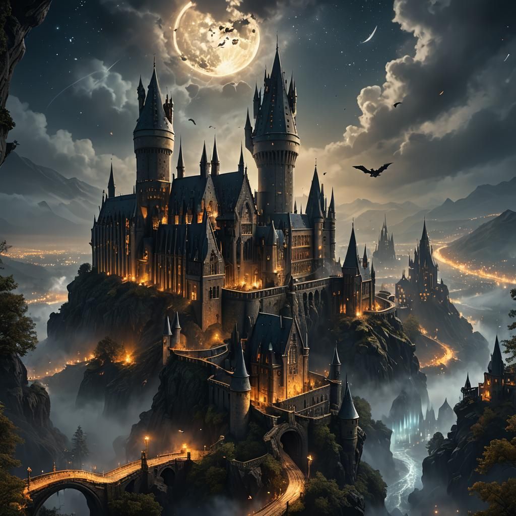 Wizards Flying Around Hogwarts at Night