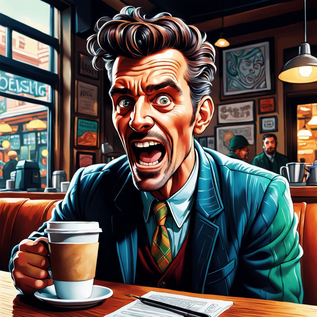 Vibrant Coffee Shop Chaos in Cartoon Style