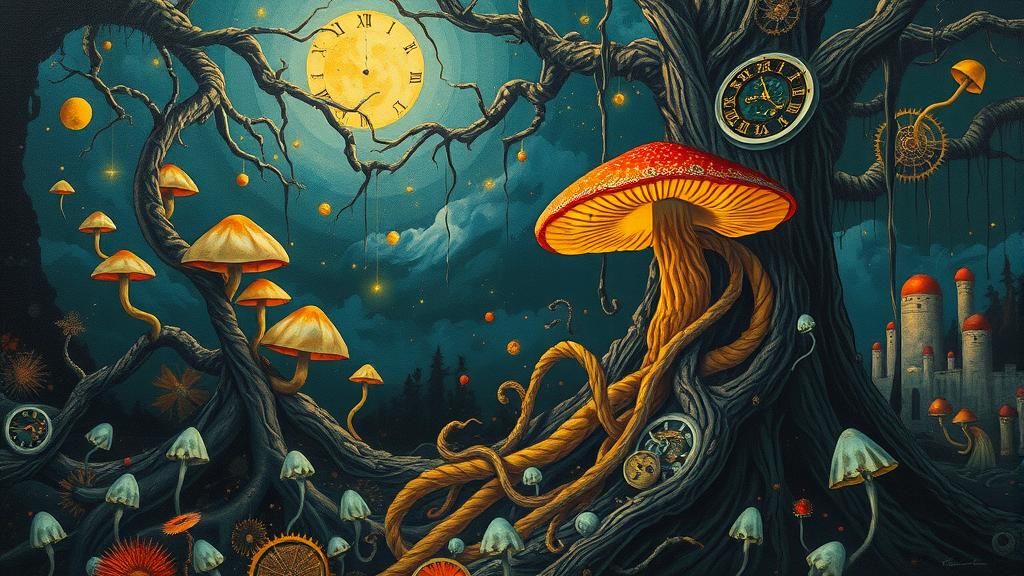 Surreal Dreamscape with Glowing Mushrooms and Clockwork