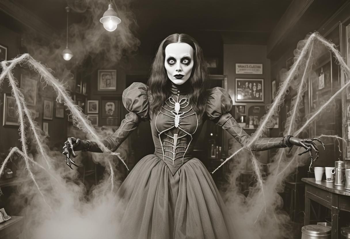 Goth Model with Dummy in Haunted Coffee Shop