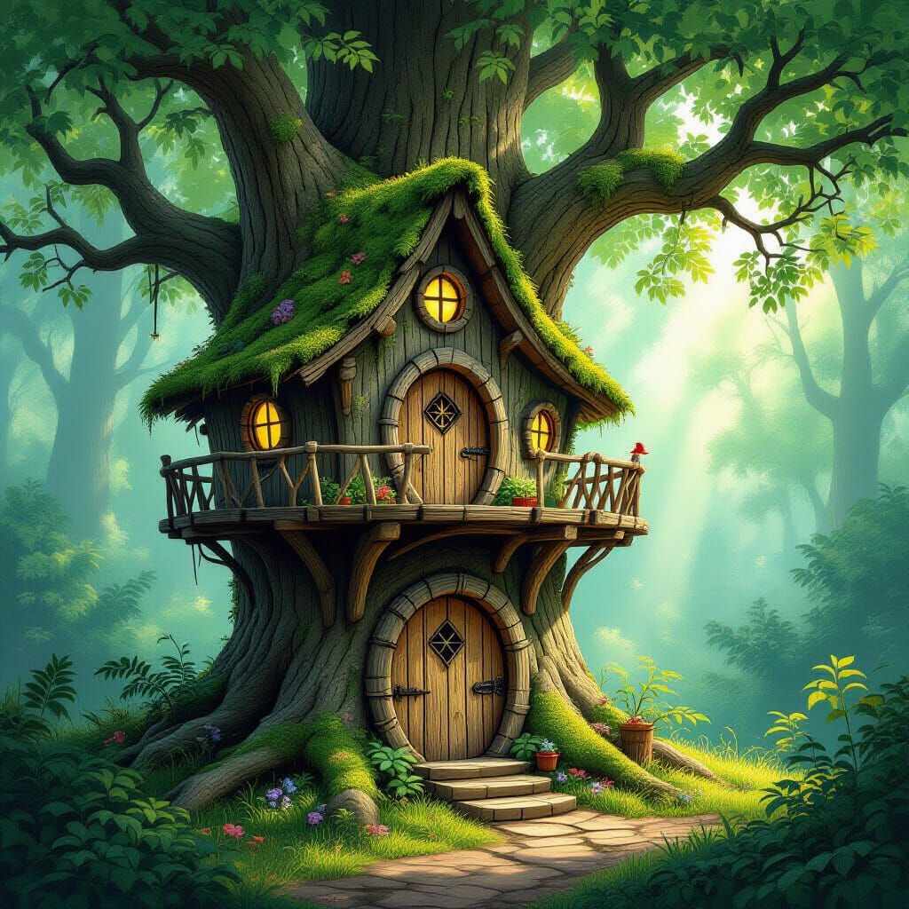 Magical Treehouse with Fairy Doors in Sunlit Forest