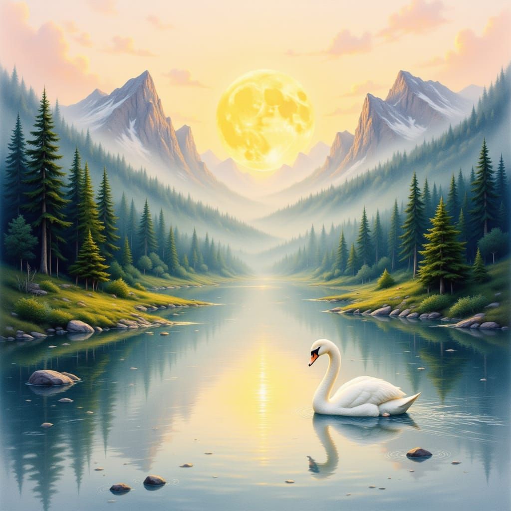 Swan on Lake with Golden Moon in Watercolor Style