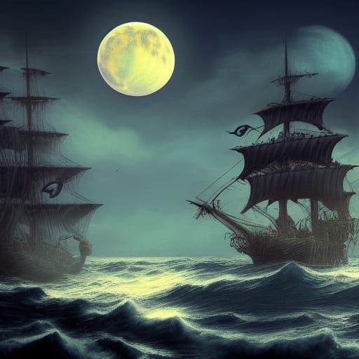 Flying Pirate Ship with Skeletons in Dark Sky
