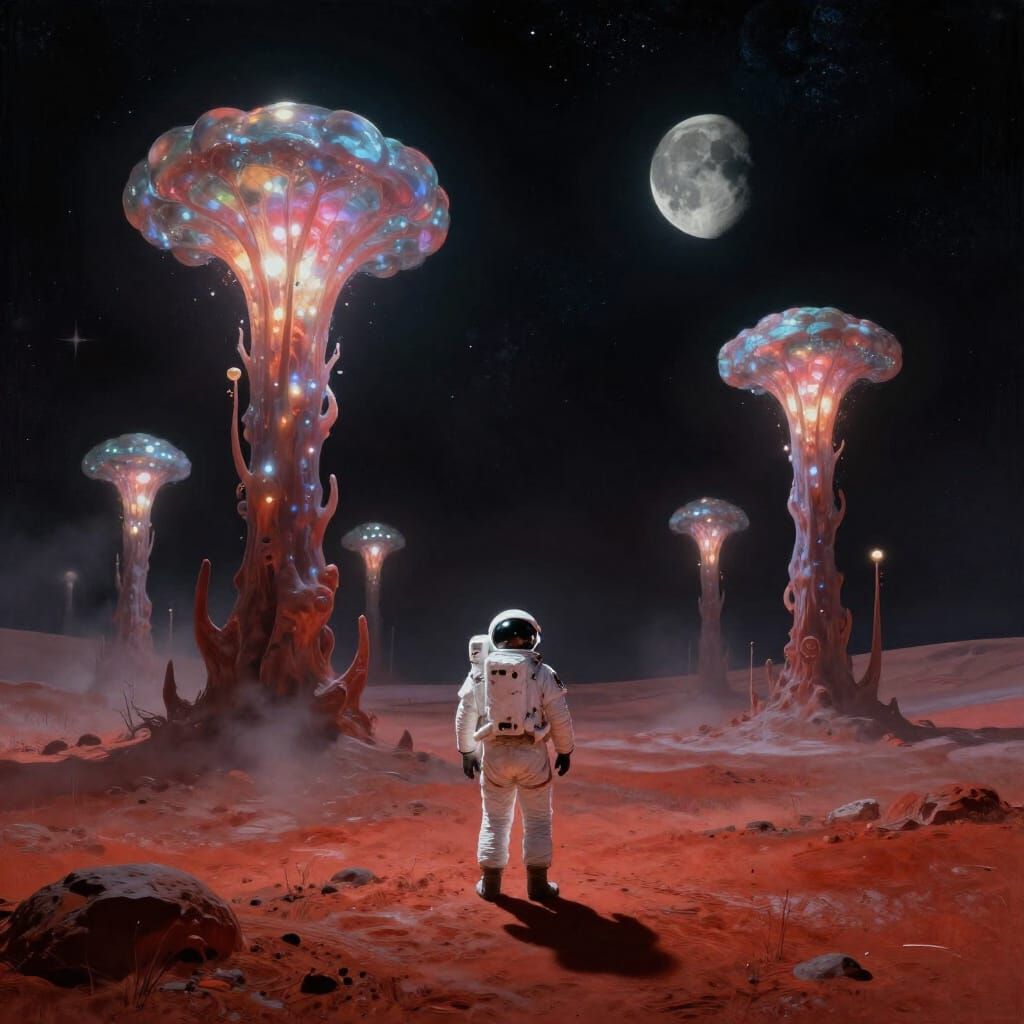 Astronaut on Alien Planet Gazing at Bioluminescent Flora