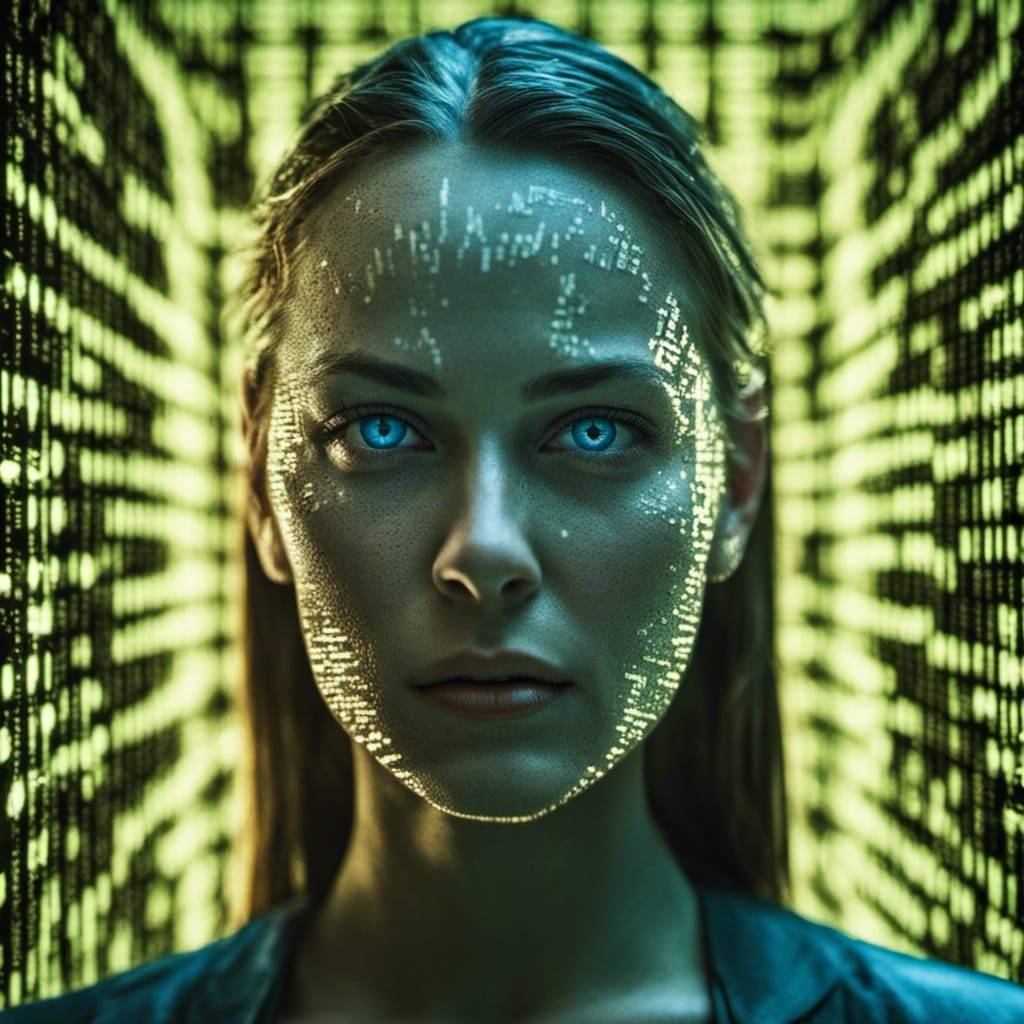 Woman's Face with Matrix Code Overlay in Cyberpunk Style