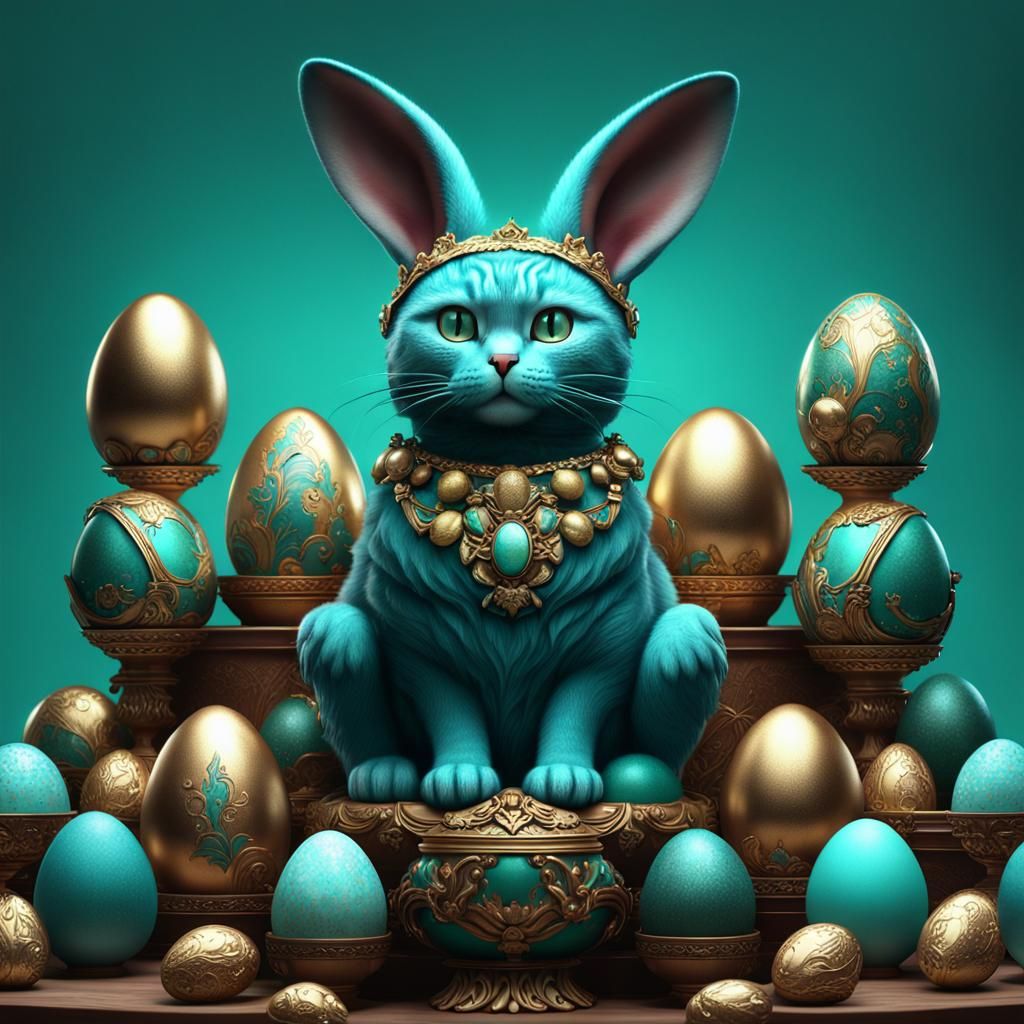 Teal Rabbit-Eared Cat on Faberge Egg Pile
