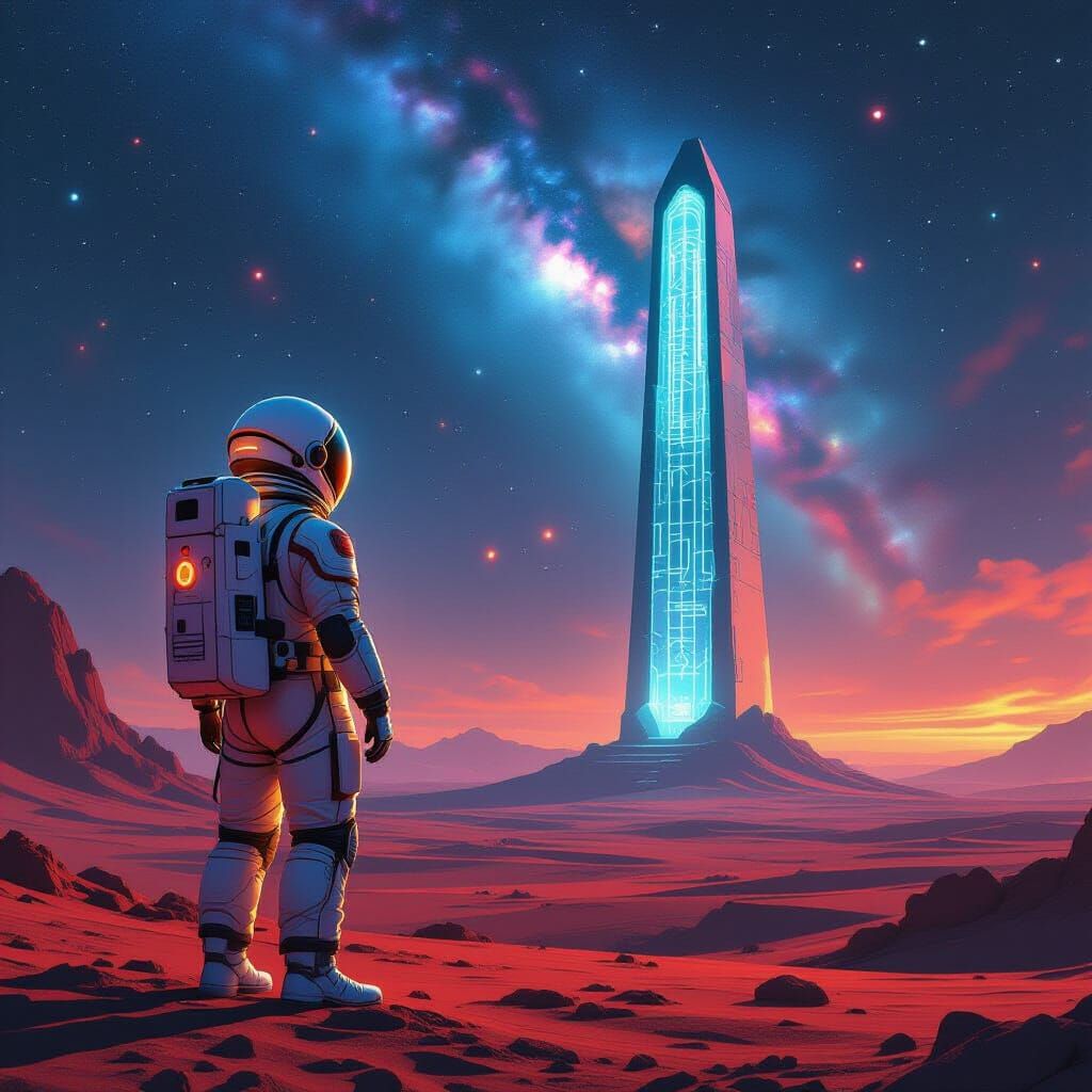 Astronaut on Crimson Planet Gazing at Alien Obelisk