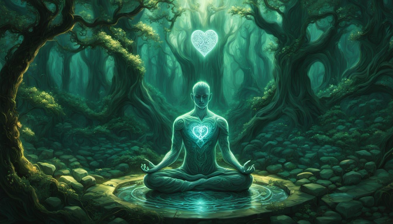 Meditating Man with Glowing Heart in Zen Garden