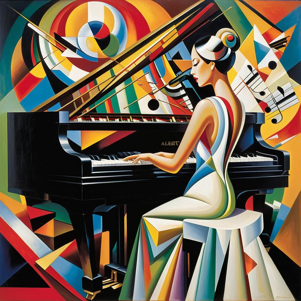 Cubist Pianist in Vibrant, Fractured Composition