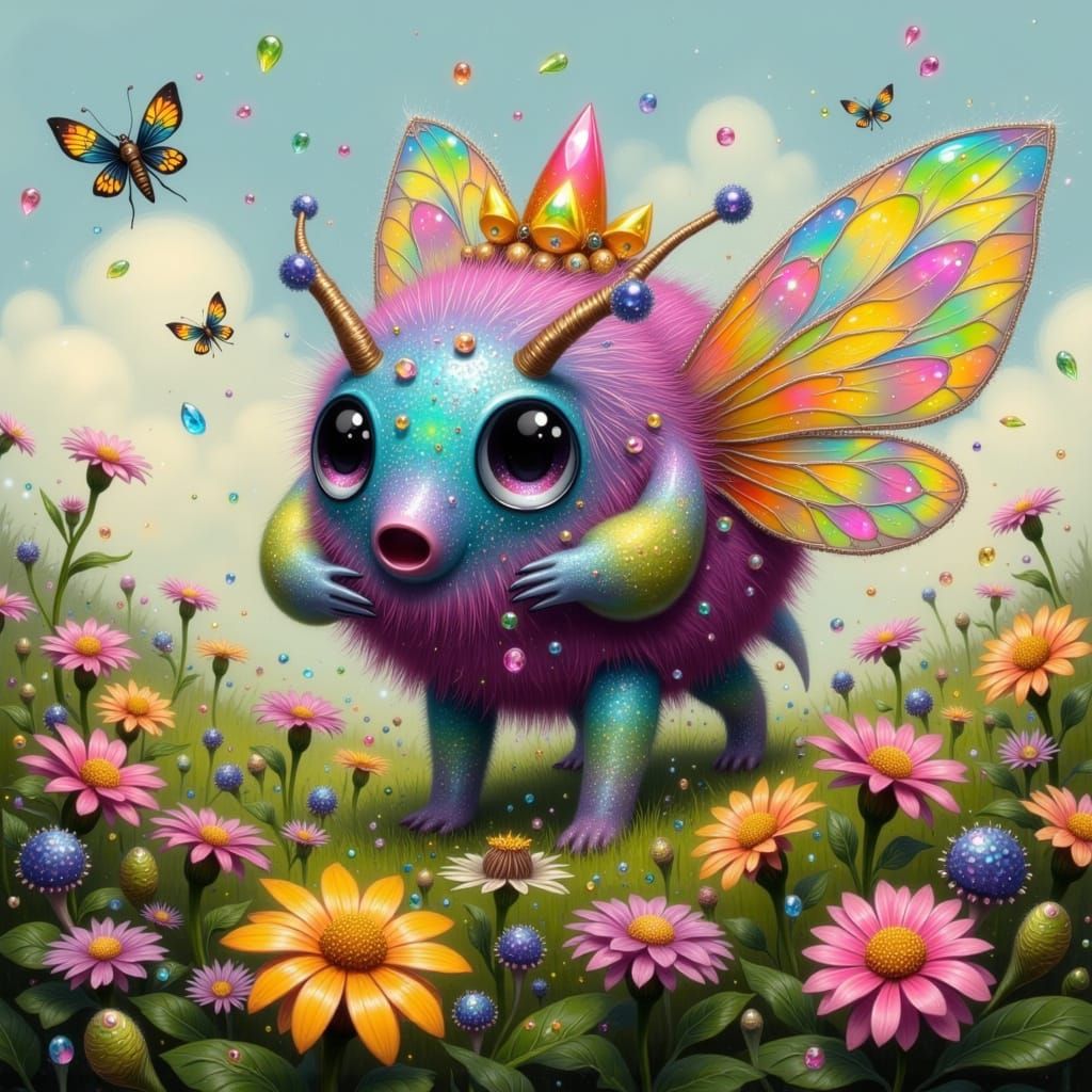 Whimsical Fairy Punk Creature Soars Amidst Vibrant Zinnias