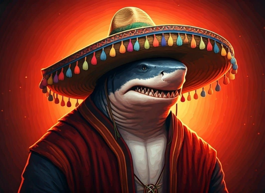 Humanoid Shark Watching Wrestling, Oil Painting Style