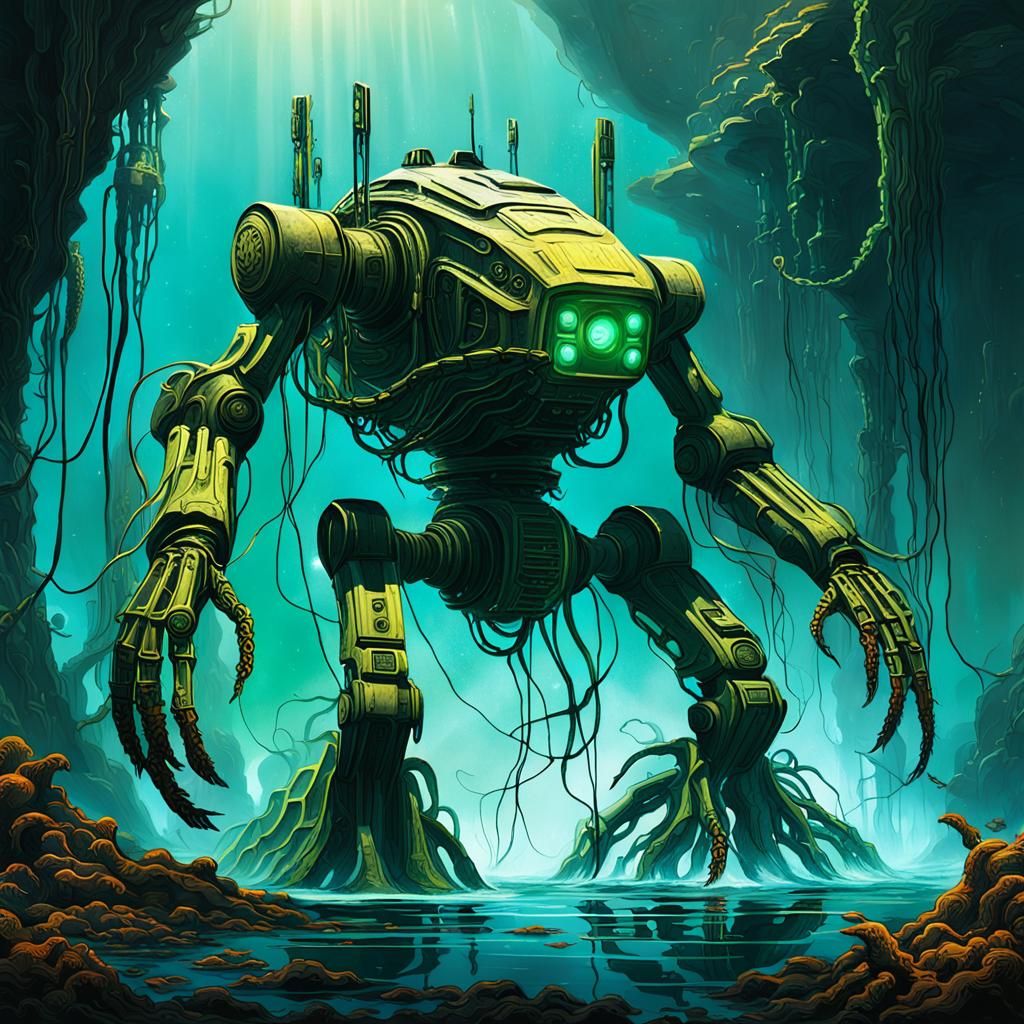 Kelp-Covered Robot Anchored to Ocean Floor