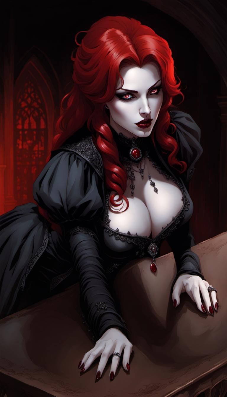 Redhead Vampire in Gothic Castle, Dark Fantasy Art