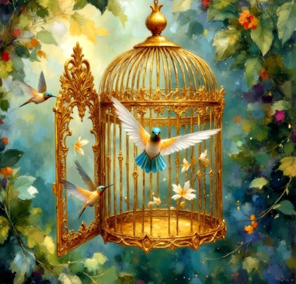 Dreamy Impasto Painting of Birds Escaping a Gilded Cage