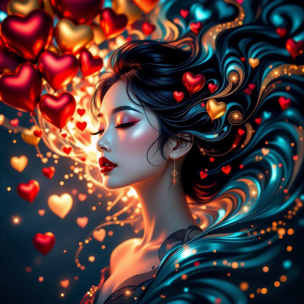 Ethereal Portrait of Asian Woman in Cosmic Heart Explosion