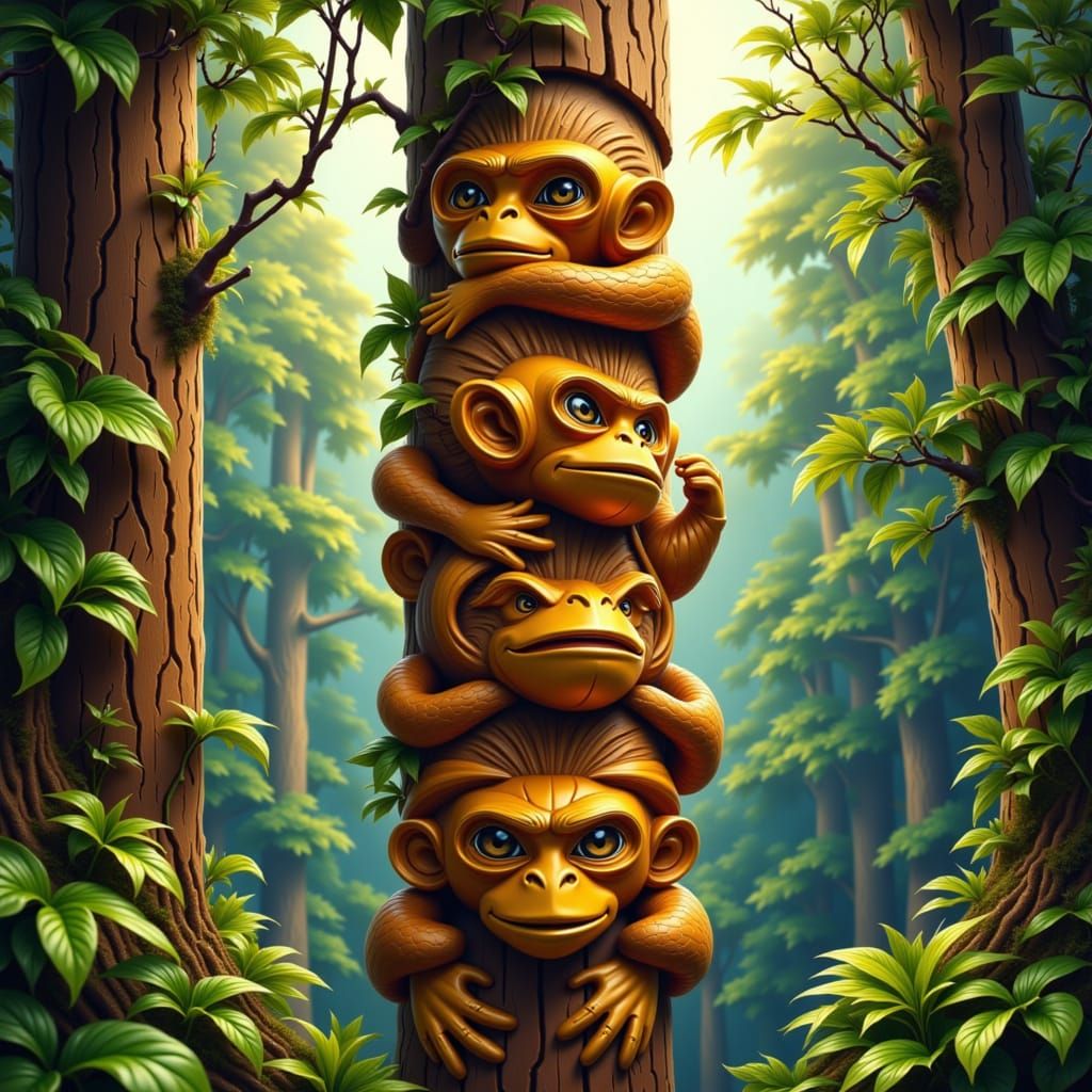 Golden Monkey Totem Pole in Mystical Forest